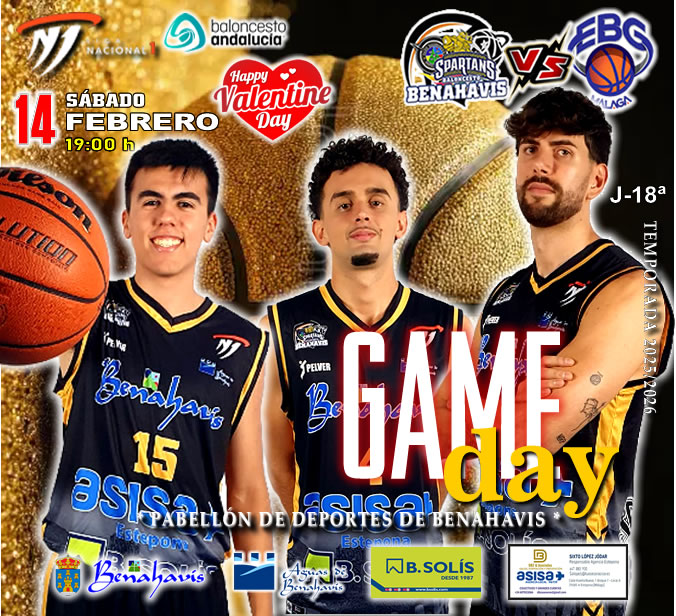 * G A M E D A Y *

🚨⛹🏀 NACIONAL N1 MASC. TEMP. 25/26 J18ª
📅 Sábado 14 de febrero 2026
⏰ 19:00h
🏟️ Pabellón Deportes Benahavís
** Colisseum Spartans **

🏀 CB BENAHAVIS COSTA DEL SOL
vs EBG MÁLAGA

#GoSpartans !! 🏀💪👌 
#foreverfamily 🤗