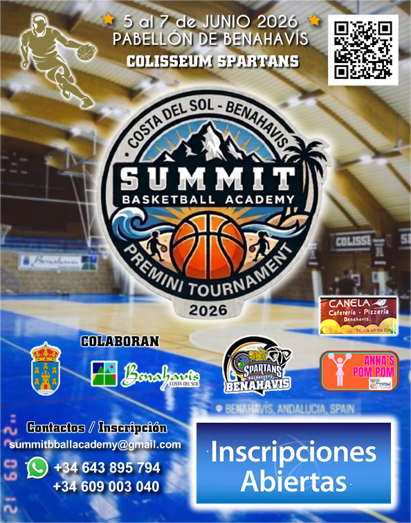 🚨⛹🏀 1er TORNEO SUMMIT BASKETBALL ACADEMY - CB BENAHAVIS 
** PREMINI FEMENINO / PREMINI MASCULINO **
>> Del viernes 5 al domingo 7 de junio 2026
* INSCRIPCIONES ABIERTAS *
(Plazas Limitadas)

Para todos los clubes de Baloncesto interesados de la provincia de Málaga y del Campo de Gibraltar, queremos informarles sobre nuestro TORNEO que organizamos conjuntamente la "Summit Basketball Academy" y el "CB Benahavis Costa del Sol". 

Después de varias ediciones exitosas en categoría Cadete, y siguiendo con la tradición que lleva nuestra ciudad de Benahavís desde hace varios años organizando la "Fiesta Premini FAB Andalucía", apostamos por que esta Edición los sea en categoria Premini, tanto Femenino y como Masculino, ideal para cerrar un final de temporada, disfrutando del Baloncesto, y de la oferta de naturaleza y gastronomía de Benahavis.

Interesados, más información:

+34 643 89 57 94 (Tlf./Whatssap)
summitbballacademy@gmail.com
evan_pellerin@hotmail.com

+34 609 00 30 40 (Tlf./Whatssap)
baloncestobenahavis@gmail.com

Gracias por compartir y no duden en contactar con nosotros.