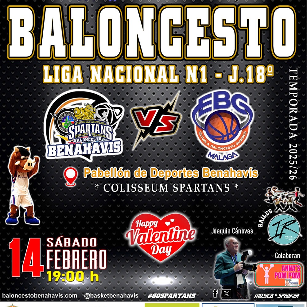PREVIA | NACIONAL N1 MASC. T25/26 | J18ª | CB Benahavis juega en casa para sumar su quinta victoria 

CB BENAHAVIS COSTA DEL SOL vs CB EBG (Málaga)

Sábado 14 de febrero 2026, 19:00h
Pabellón Deportes Benahavís
» Colisseum Spartans «
** ENTRADA GRATUITA **

ESPECIAL «HAPPY VALENTINE’S DAY «

Nuevo encuentro como local para los Spartans de Benahavís, en la categoría Nacional N1 de Andalucía de la temporada 25/26.

Se disputará en el pabellón «Colisseum Spartans», este sábado 14 de febrero de 2026, a partir de las 19:00 horas, y se enfrentarán al equipo malagueño del «EBG MALAGA».

Este equipo visitante de EBG, filial del Unicaja, son 3º en la clasificación, con balance de 11 victorias y 4 derrotas, esta formado por jóvenes jugadores con experiencia en esta categoría.
Tienen un juego dinámico con eficientes lanzadores desde el perímetro, a la vez de disciplinados en defensa, y buenos interiores. Serán por lo tanto un rival muy complicado a batir.

El equipo de Benahavis, actualmente en zona segura, después de su valiosa victoria en su feudo ante el CDB Cabra (Córdoba), esta demostrando ser mas competitivos para esta exigente categoría Nacional. Sigue trabajando duro en cada entrenamiento, para afianzar lo bueno realizado, corregir errores, y mejorar en su juego, tanto en defensas como en ataques.
Se juega este importante partido en casa, y debe de ser un factor importante para el equipo. Como siempre habrá que estar muy concentrados durante los 40 minutos.

Ante este complicado e intenso rival, será a buen seguro un partido muy emocionante y espectacular, y todos los que se den cita en el pabellón de Benahavis, podrán disfrutarlo de manera GRATUITA.

Además se podrá visionar el partido bajo registro previo desde la nueva plataforma https://www.fabtv.es:
Link: https://www.fabtv.es/es/game/6987c472a2b1583b9e267ef0

Estará de nuevo nuestro speaker, con ambiente musical, amenizando el encuentro, y la Academia de baile «Isla Rose Dance Academy» con varias coreograficas espectaculares. Habrá varios sorteos en el descanso: lote de productos Herbalife, merchandising de ASISA, y sorpresas de «Happy Valentine’s Day».

@aytobenahavis 
@dbz_asisa_estepona 
@bsolis_constructor