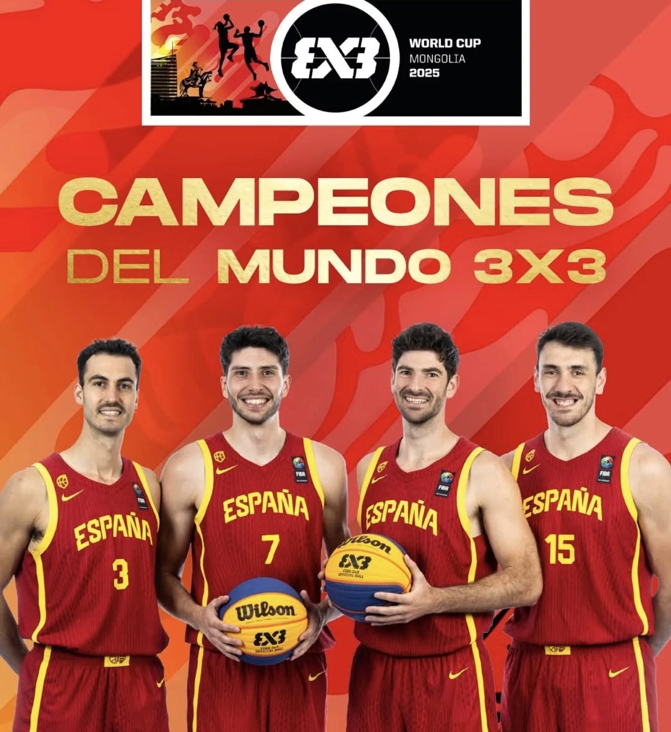 Felicidades a la seleccion española 3x3 !!

𝗖𝗔𝗠𝗣𝗘𝗢𝗡𝗘𝗦 𝗗𝗘𝗟 𝗠𝗨𝗡𝗗𝗢‼️

👉 España conquista la medalla de ORO tras un gran encuentro ante Suiza 🥇

🏆 Final #3x3WC 
🇪🇸🆚🇨🇭 (21-17)
📌 Ulán Bator 🇲🇳

#SelMAS3x3 🇪🇸