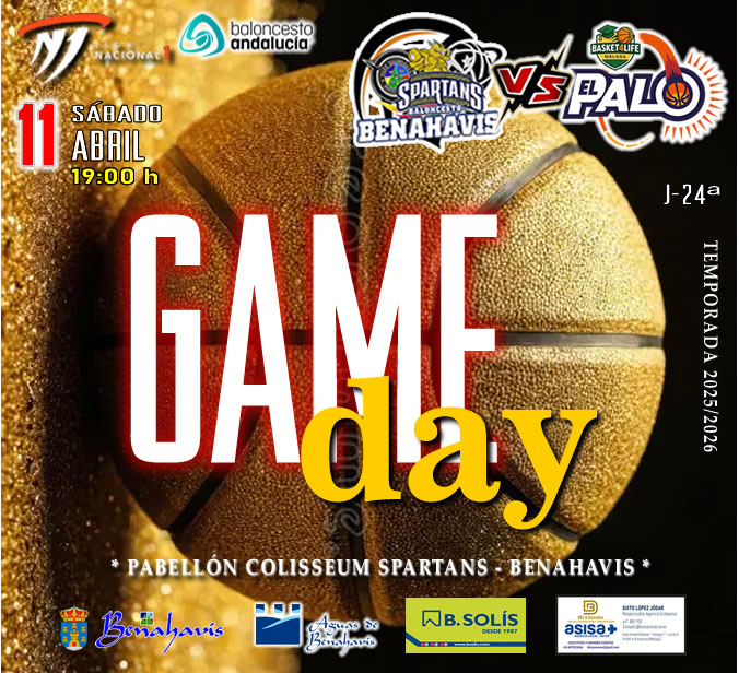 * G A M E D A Y *

🚨⛹🏀 NACIONAL N1 MASC. TEMP. 25/26 J24ª
📅 Sábado 11 de abril 2026
⏰ 19:00h
🏟️ Pabellón Deportes Benahavís
** Colisseum Spartans **

🏀 CB BENAHAVIS COSTA DEL SOL
vs CB EL PALO (MÁLAGA)

#GoSpartans !! 🏀💪👌 
#foreverfamily 🤗