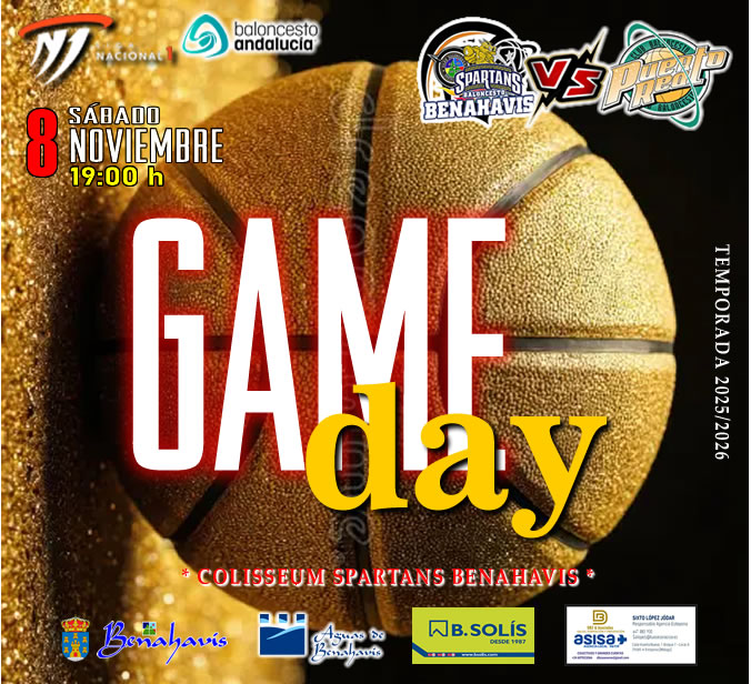 * G A M E D A Y *

🚨⛹🏀 NACIONAL N1 MASC. TEMP. 25/26 J6ª
📅 Sábado 8 de noviembre 2025
⏰ 19:00h
🏟️ Pabellón Deportes Benahavís
** Colisseum Spartans **

🏀 CB BENAHAVIS COSTA DEL SOL
vs CB PUERTO REAL (CÁDIZ)

#GoSpartans !! 🏀💪👌
#foreverfamily 🤗