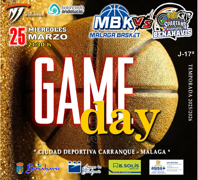 * G A M E D A Y *

🚨⛹🏀 NACIONAL N1 MASC. TEMP. 25/26 J17ª
📅 Miércoles 25 de marzo 2026
⏰ 21:30h
🏟️ Pabellón Ciudad Dptva. Carranque
>> Málaga

🏀 CB MALAGA BASKET
vs CB BENAHAVIS COSTA DEL SOL

#GoSpartans !! 🏀💪👌 
#foreverfamily 🤗