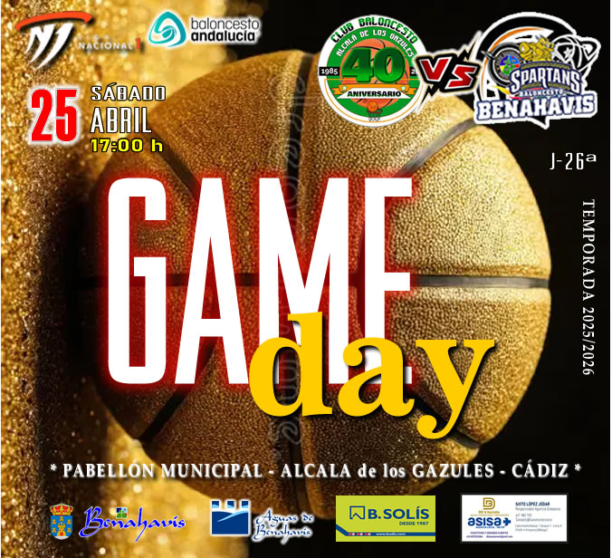 * G A M E D A Y *

🚨⛹🏀 NACIONAL N1 MASC. TEMP. 25/26 J26ª
📅 Sábado 25 de abril 2026
⏰ 17:00h
🏟️ Pabellón Pico del Campo s/n
>> Alcalá de los Gazules (Cádiz)

🏀 CB ALCALA DE LOS GAZULES (CÁDIZ)
vs CB BENAHAVIS COSTA DEL SOL

#GoSpartans !! 🏀💪👌 
#foreverfamily 🤗