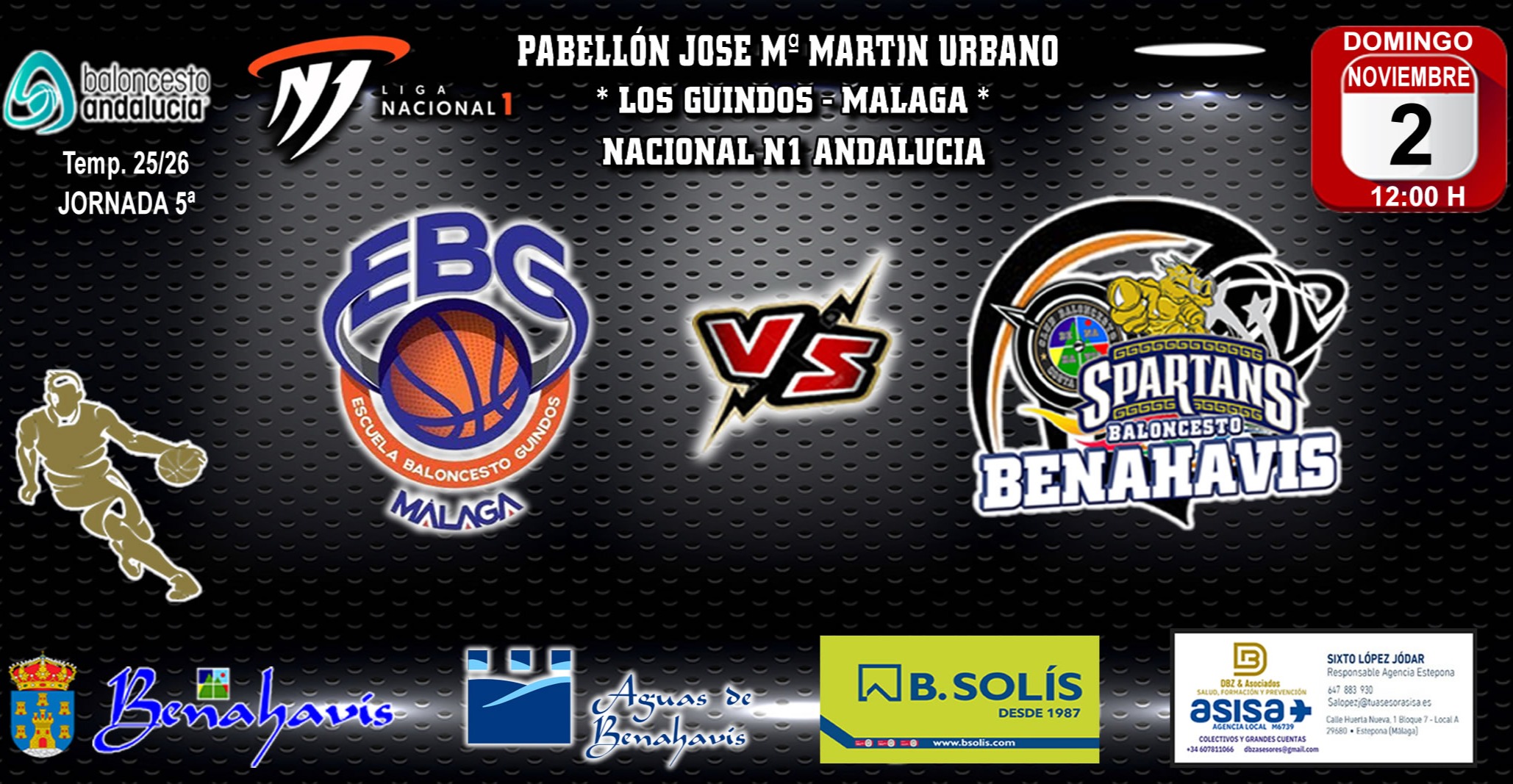 PREVIA | NACIONAL N1 MASC. T25/26 | J5ª | EBG MALAGA vs CB BENAHAVÍS COSTA DEL SOL

CB Benahavis busca su primera victoria en Nacional N1 de la temporada 25/26

Domingo 2 de noviembre 2025, 12:00h
Pabellón José Mª Martín Urbano (Los Guindos)

Nueva oportunidad para el CB Benahavis Costa del Sol de sumar su primera victoria, esta temporada 25/26, en la exigente categoría Nacional N1 de Andalucía.

Será de nuevo a domicilio, Jornada 5ª, este próximo domingo 2 de noviembre de 2025, en el Pabellón José María Martín Urbano «Los Guindos» de Málaga, para enfrentarse a partir de las 12:00h, al conjunto local, y filial del Unicaja, el equipo malagueño del «EBG MALAGA».

El equipo local, esta formado por algunos jugadores más experimentados en esta categoría, sumándose varios componentes mas jóvenes de la capital malagueña. Balance de 2 victorias y dos derrotas, pero serán un rival complicado tanto en defensa como en ataque.

Nuestros Spartans de Benahavis, aun con jugadores lesionados, están entrenando duro en cada sesión para ir mejorando, y lograr ser mas competitivos. En este ultimo partido frente al Málaga Basket se ha visto mejoría en algunos parciales y situaciones de juego, que da lugar a la esperanza de conseguir mejores resultados. Unidos y aplicados estamos convencidos que con el trabajo y el esfuerzo de todos los resultados llegaran.

¡¡ Vamos Benahavis !!
¡¡ A por la primera !!
GOSPARTANS
Benahavis_es_BALONCESTO