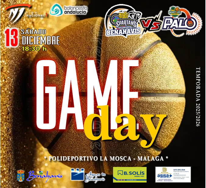 * G A M E D A Y *

🚨⛹🏀 NACIONAL N1 MASC. TEMP. 25/26 J11ª
📅 Sábado 13 de diciembre 2025
⏰ 18:30h
🏟️ Pabellón "La Mosca", El Palo
** Málaga **

🏀 CB EL PALO BASKET4LIFE
vs CB BENAHAVIS COSTA DEL SOL

#GoSpartans !! 🏀💪👌 
#foreverfamily 🤗