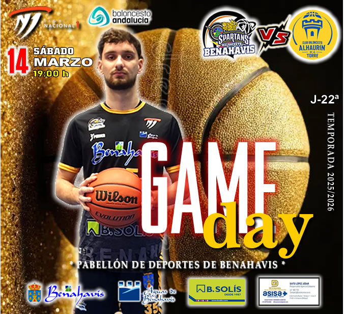 * G A M E D A Y *

🚨⛹🏀 NACIONAL N1 MASC. TEMP. 25/26 J22ª
📅 Sábado 14 de marzo 2026
⏰ 19:00h
🏟️ Pabellón Deportes Benahavís
** Colisseum Spartans **

🏀 CB BENAHAVIS COSTA DEL SOL
vs CB ALHAURIN DE LA TORRE

#GoSpartans !! 🏀💪👌 
#foreverfamily 🤗