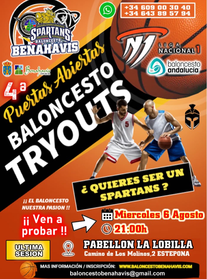 🚨⛹🏀 El CLUB BALONCESTO BENAHAVIS COSTA DEL SOL, con motivo de la construcción de la plantilla de su primer equipo, convoca a todos los jugadores de la comarca y provincia, que estén interesados en formar parte de su equipo Senior Masculino, para competir en * 1ª Nacional de Andalucía *, Temporada 2025/26, a su 4ª "Jornada de Puertas Abiertas":

🗓 MIERCOLES 06 DE AGOSTO
⏱ 21:00 HORAS
📌 Pabellón La Lobilla de Estepona
🏟 Camino de Los Molinos, 2

** Ubicación especial motivada por la adecuación del pabellón de Benahavis para eventos de su Feria y Fiestas ** Muchas gracias a Estepona por la cesión de la instalación.

¡¡ Quieres ser un SPARTANS !!
¡¡ Aprovecha la ocasión !!
¡¡ VEN A PROBAR, TE ESPERAMOS !!

Comparte esta información si conoces a más interesados.

Contactos.-
T: 609003040
T: 643895794
baloncestobenahavis@gmail.com