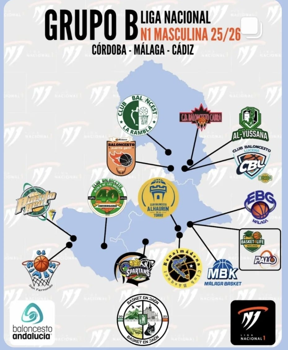 NACIONAL N1 ANDALUCIA - TEMP 25/26

Definidos los equipos del grupo B, 5 equipos de Córdoba, 3 de Cádiz y 6 de Málaga.

CB Puente Genil
CB Alyussana (Lucena)
COTO- Lucena
CB La Rambla
CDB Cabra

CB Alhaurin Torre
CB El Palo
Malaga Basket
EBG Malaga
CB BENAHAVIS Costa del Sol
CB Benalmadena

CB Alcala Gazules
CB Puerto Real
CB Cimbis (San Fernando)