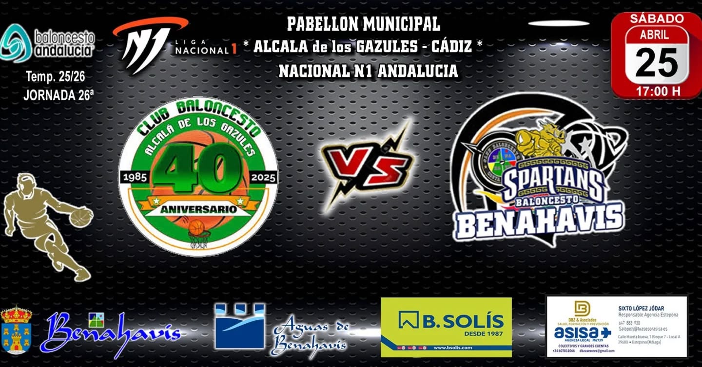 PREVIA | NACIONAL N1 MASC. T25/26 | J26ª | CB ALCALA DE LOS GAZULES (CADIZ) vs CB BENAHAVÍS COSTA DEL SOL 

CB Benahavis buscará sumar victoria frente al «CB Alcalá de los Gazules» en su último encuentro de la temporada.
Sábado 25 de abril 2026, 17:00h
Pabellón Polideportivo Pico del Campo
Alcalá de los Gazules (Cádiz)

Link partido en directo:
https://www.fabtv.es/es/game/69e3ff5e910b1cf47c8b1729

Partido por el honor pero sin transcendencia en la clasificación para el CB Benahavis Costa del Sol, para sumar en esta complicada temporada 25/26 en N1 Nacional de Andalucía.

Será a domicilio, Jornada 26ª, la última de la presente campaña, y se disputará este sábado 25 de abril de 2026, en el pabellón Pico del Campo de Alcalá de los Gazules (Cádiz), donde se enfrentará a partir de las 17:00h, al conjunto local.

El equipo de Alcalá es ultimo, con una sola victoria en su haber, y está compuesto por jugadores formados en su propia cantera y de zona gaditana. Tienen un juego intenso con lanzadores desde el perímetro. A pesar de la clasificación serán un rival duro y difícil a batir.

Nuestros «Spartans» de Benahavis, sin opciones de mantener la categoría, ya vencieron en la ida a este rival, y querrán dar la mejor imagen posible en este último partido en competición.

¡¡ Vamos Benahavis !!
¡¡ A por todas !!

GOSPARTANS
Benahavis_es_BALONCESTO