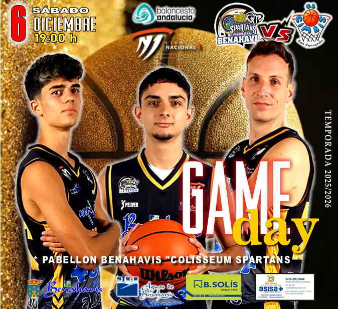 * G A M E D A Y *

🚨⛹🏀 NACIONAL N1 MASC. TEMP. 25/26 J10ª
📅 Sábado 6 de diciembre 2025
⏰ 19:00h
🏟️ Pabellón Deportes Benahavís
** Colisseum Spartans **

🏀 CB BENAHAVIS COSTA DEL SOL
vs CB CIMBIS San Fernando (CÁDIZ)

#GoSpartans !! 🏀💪👌 
#foreverfamily 🤗