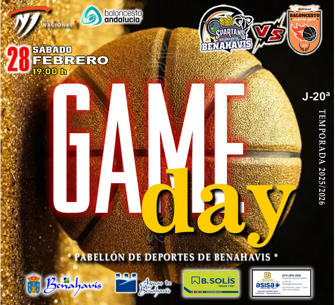 * G A M E D A Y *

🚨⛹🏀 NACIONAL N1 MASC. TEMP. 25/26 J20ª
📅 Sábado 28 de febrero 2026
⏰ 19:00h
🏟️ Pabellón Deportes Benahavís
** Colisseum Spartans **

🏀 CB BENAHAVIS COSTA DEL SOL
vs CB PUENTE GENIL (Córdoba)

#GoSpartans !! 🏀💪👌 
#foreverfamily 🤗