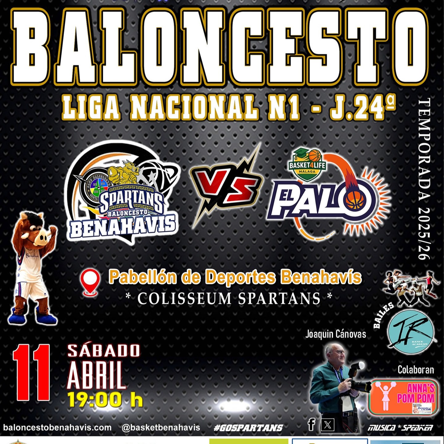 PREVIA | NACIONAL N1 MASC. T25/26 | J24ª | CB Benahavis juega en casa ante el CB El Palo de Málaga

CB BENAHAVIS COSTA DEL SOL vs CB EL PALO BASKET4LIFE

Sábado 11 de abril de 2026, 19:00h
Pabellón Deportes Benahavís
» Colisseum Spartans «
** ENTRADA GRATUITA **

Nuevo encuentro, el penúltimo como local para los Spartans de Benahavís, en la categoría Nacional N1 de Andalucía de la temporada 25/26.

Se disputará en el pabellón «Colisseum Spartans», este sábado 11 de abril de 2026, a partir de las 19:00 horas, y se enfrentarán al equipo malagueño del «CB EL PALO BASKET4LIFE».

Este equipo visitante de Málaga capital, es 2º en la clasificación, con balance de 19 victorias y 4 derrotas, esta formado por jugadores con experiencia en esta categoría de Málaga y comarca. Tienen un juego dinámico con eficientes lanzadores desde el perímetro, a la vez de intensos y disciplinados en defensa, y buenos interiores. Serán por lo tanto un rival muy complicado a batir.

El equipo de Benahavis, que espera recuperar algunos de sus lesionados, sigue en la parte baja, pero depende aun de si-mismos, para intentar sumar dos de los tres partidos que les quedan, para intentar salvar deportivamente la categoría.

Sigue trabajando duro en cada entrenamiento, para afianzar lo bueno realizado, corregir errores, y mejorar en su juego, tanto en defensas como en ataques.

Se juega este importante partido en casa, y debe de ser un factor importante para el equipo. Como siempre habrá que estar muy concentrados durante los 40 minutos.

Ante este complicado e intenso rival, será a buen seguro un partido muy emocionante y espectacular, y todos los que se den cita en el pabellón de Benahavis, podrán disfrutarlo de manera GRATUITA.

Además se podrá visionar el partido bajo registro previo desde la nueva plataforma https://www.fabtv.es:
Link: https://www.fabtv.es/es/game/69d18a645aab196b7fc9edf8

Estará de nuevo nuestro speaker, con ambiente musical, amenizando el encuentro, y la mascota «Javilin» con varias intervenciones. Habrá concurso en el descanso de lanzamientos desde el centro del campo, patrocinado con merchandising de ASISA Estepona.

¡¡ VAMOS BENAHAVIS !!
