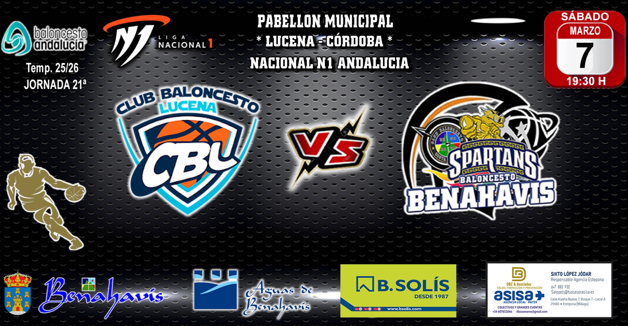 PREVIA | NACIONAL N1 MASC. T25/26 | J21ª | COTO CCB LUCENA (CÓRDOBA) vs CB BENAHAVÍS COSTA DEL SOL

CB Benahavis buscará sumar en Lucena su quinta victoria

Sábado 7 de marzo 2026, 19:30h
Pabellón Municipal de Lucena (Córdoba)

Link partido en directo:
https://www.fabtv.es/es/game/69a373f77de70fcaf3d22158

Nuevo reto para el CB Benahavis Costa del Sol para poder sumar esta temporada 25/26, en la exigente categoría Nacional N1 de Andalucía.

Será a domicilio, Jornada 21ª, este próximo sábado 7 de marzo de 2026, en el Pabellón Municipal de Lucena. Se enfrentará a partir de las 19:30h, al conjunto local del «COTO CCB LUCENA»».

El equipo de COTO CCB Lucena, es el actual leader de la competición, con balance de 16 victorias y 3 derrotas, y está compuesto por jugadores formados en zona cordobesa, algunos de su propia cantera, y varios refuerzos importantes de calidad, entre ellos algunos extranjeros. Tienen un juego dinámico con gran acierto desde el perímetro, a la vez de disciplinados en defensa. Son firmes candidatos a ganar la liga y al ascenso de categoría. Serán por lo tanto un rival muy complicado a batir tanto en defensa como en ataque.

Nuestros «Spartans» de Benahavis, en la parte baja de la tabla, con conjunto mermado por varios jugadores lesionados y alguno por trabajo, ha ido mejorando en su juego para intentar ser mas competitivos, pero el reto de esta semana se antoja complicado, con el juego demostrado en la ida por el conjunto cordobés, que venció con gran diferencia.

A pesar de ello, está demostrando Benahavís buena actitud en la pista, y no bajar nunca los brazos.

Aun quedan algunos partidos para determinar la posición final del equipo de Benahavís en la tabla, y luchar cada encuentro como finales.

Están entrenando duro en cada sesión para mejorar y lograr ser mas competitivos. Unidos y aplicados estamos convencidos que con el trabajo y el esfuerzo de todos los resultados llegaran.

¡¡ Vamos Benahavis !!

¡¡ A por todas !!
GOSPARTANS
Benahavis_es_BALONCESTO