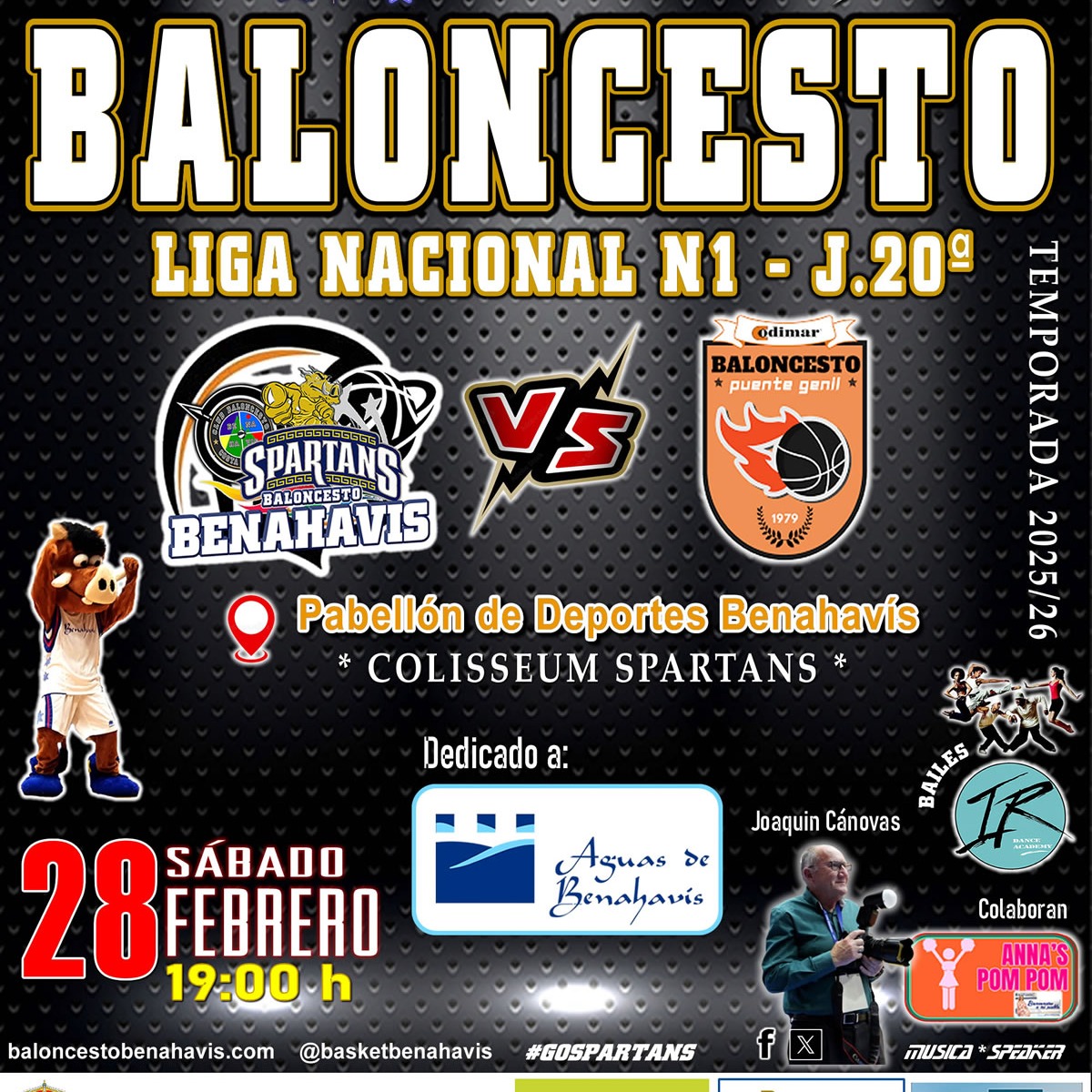 PREVIA | NACIONAL N1 MASC. T25/26 | J20ª | CB Benahavis juega en casa para sumar su quinta victoria

CB BENAHAVIS COSTA DEL SOL vs CODIMAR BASKET GENIL (Córdoba)

Sábado 28 de febrero 2026, 19:00h
Pabellón Deportes Benahavís
» Colisseum Spartans «
** ENTRADA GRATUITA **

Dedicado a la empresa: – AGUAS DE BENAHAVIS –

Nuevo encuentro como local para los Spartans de Benahavís, en la categoría Nacional N1 de Andalucía de la temporada 25/26.

Se disputará en el pabellón «Colisseum Spartans», coincidiendo con el Día de Andalucía, este sábado 28 de febrero de 2026, a partir de las 19:00 horas, y se enfrentarán al equipo cordobés del «CODIMAR BASKET GENIL».

Este equipo visitante de Puente Genil va actualmente 6º en la clasificación, con balance de 9 victorias y 9 derrotas, y esta formado por jóvenes jugadores cordobeses con experiencia en esta categoría, y con varios refuerzos importantes, como son el base/escolta Unai Friscia, con experiencia EBA, el pivot canadiense Berke Henry Bloomfield, el alero griego/belga Filippos Van Den Wouwer, o el base argentino Hipolito Icasatti, entre otros. Tienen un juego dinámico con eficientes lanzadores desde el perímetro, a la vez que disciplinados en defensa, y buenos interiores. Serán por lo tanto un rival muy complicado a batir.

El equipo de Benahavis, de nuevo en zona peligrosa por los resultados positivos de su rivales directos en esa zona baja de la clasificación, están demostrando ser mas competitivos que en la primera parte del campeonato, pero no pudieron remontar el encuentro en su salida a tierras gaditanas frente al CB Puerto Real.

Sigue trabajando duro en cada entrenamiento, para afianzar lo bueno realizado, corregir errores, y mejorar en su juego, tanto en defensa como en ataque, y todo ello a pesar de sufrir múltiples lesiones de jugadores en estas últimas semanas.

Se juega este importante partido en casa, y debe de ser un factor importante para el equipo. Como siempre habrá que estar muy concentrados durante los 40 minutos.

Ante este complicado e intenso rival, será a buen seguro un partido muy emocionante y espectacular, y todos los que se den cita en el pabellón de Benahavis, será GRATUITO.