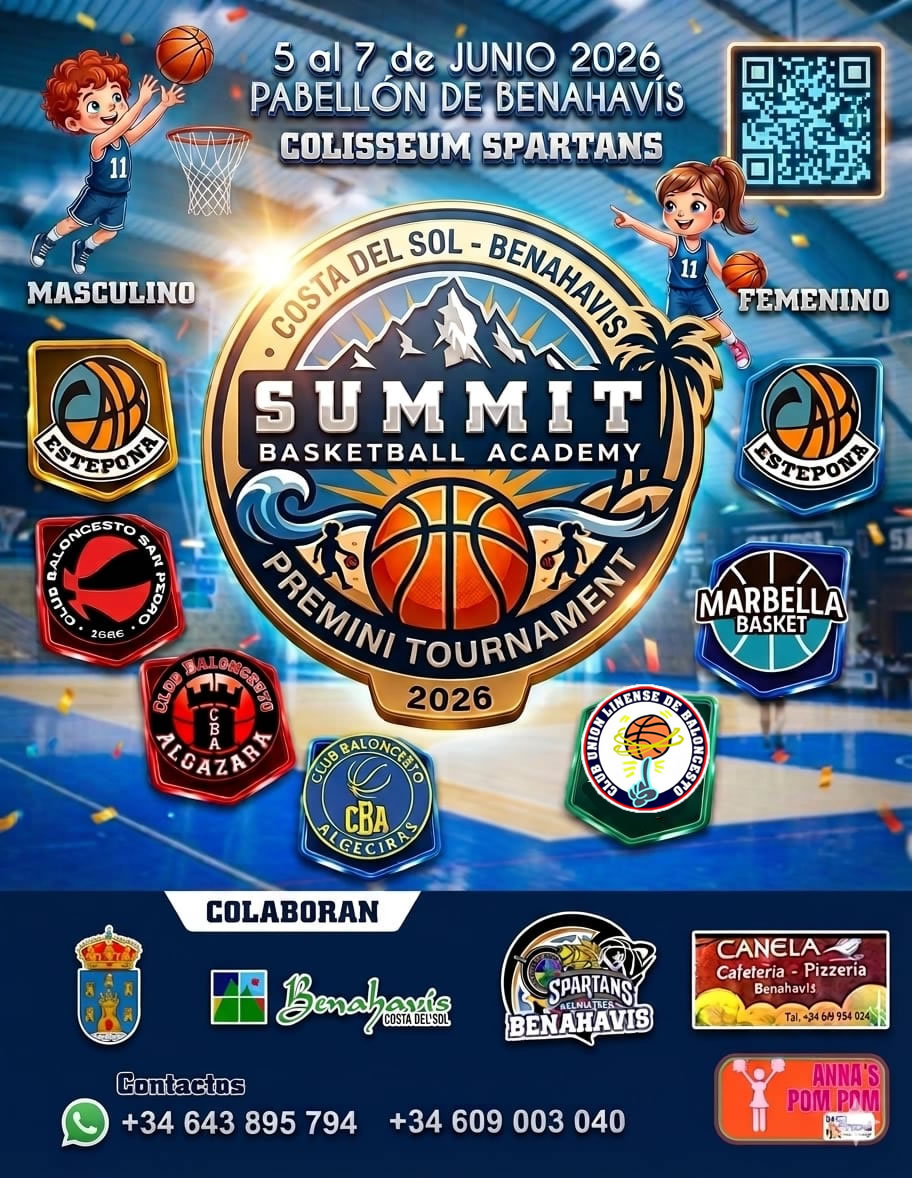 🏀 I TORNEO SUMMIT BASKETBALL ACADEMY - CB BENAHAVIS
>> PREMINI MASCULINO / PREMINI FEMENINO << ⛹️

Ya falta menos para el “I Torneo Summit Basketball Academy - CB Benahavís”, en categoría Premini Masculino y Premini Femenino, que tendrá lugar del 5 a 7 de junio de 2026, en el pabellón de Deportes de Benahavís, "Colisseum Spartans".

Fase Previa: Viernes 18:00h, y Sábado de 09:30h A 20:30h.
Fase Final: Domingo de 10:00h a 15:30h.

Clubs que participan:

Premini Masculino:

CAB ESTEPONA (Málaga)
CB SAN PEDRO ALCANTARA (Málaga)
CB ALGAZARA (Alhaurin de la Torre - Málaga)
CBA ALGECIRAS (Cádiz)

Premini Femenino:

CAB ESTEPONA (Málaga)
MARBELLA BASKET (Málaga)
ULB LA LINEA (Cádiz)

@cabestepona @cbsanpedro @cbalgazara @cbalgeciras @marbellabasket @unionlinensebaloncesto 

Estamos muy orgullosos de brindar un entorno seguro, divertido y entretenido donde los jóvenes atletas tendrán la oportunidad de competir y mostrar sus talentos frente a sus amigos y familiares.

¡¡ No se lo pierdan !!

@summit_hoops
@aytobenahavis
@annapompombenahavis

Benahavis es Deporte, es BA-LON-CES-TO